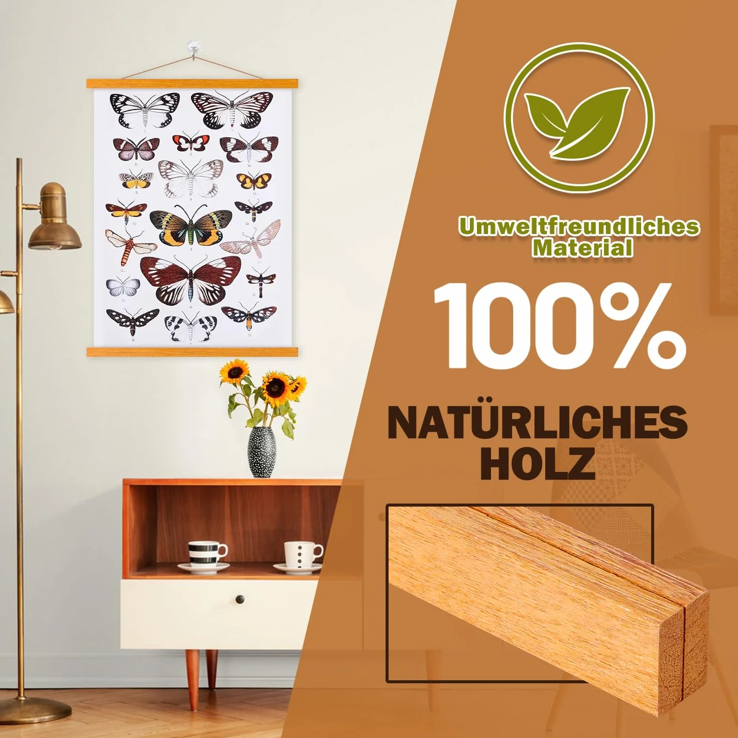 Ywlake Barra magnética para pósteres, de madera, marco para fotos, 45x60 45x30 45x45 colgador para obras de arte impresas (Teca,45cm)