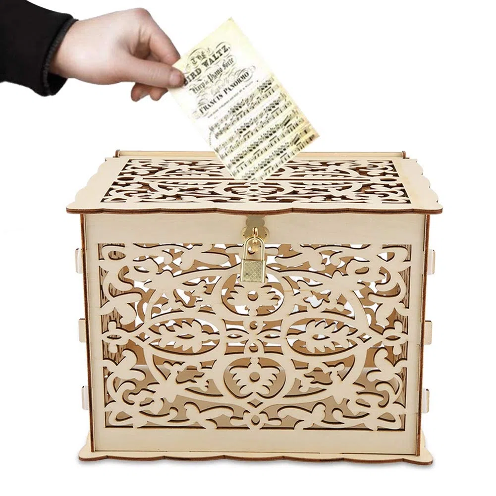 Caja de Tarjeta de Boda, Caja de Sobre Boda Hueca Bricolaje con Ranura y Cerradura, Caja de Tarjeta de Regalo de Madera, para Recepción Aniversario de Boda Baby Shower Cumpleaños Decoraciones