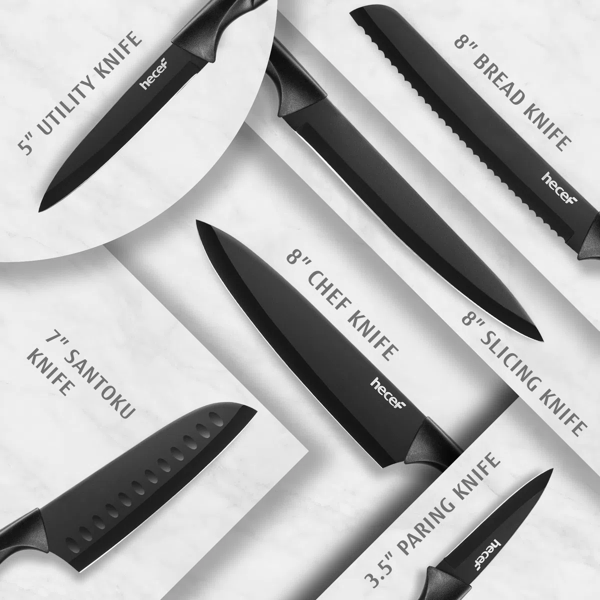 hecef Juego de Cuchillos de Cocina, 6 Piezas Cuchillos en Acero Inoxidable con Revestimiento Antiadherente, Mango Ergonómico y Funda Protectora, Aptos para Lavavajillas, Diseño Moderno para Uso Diario