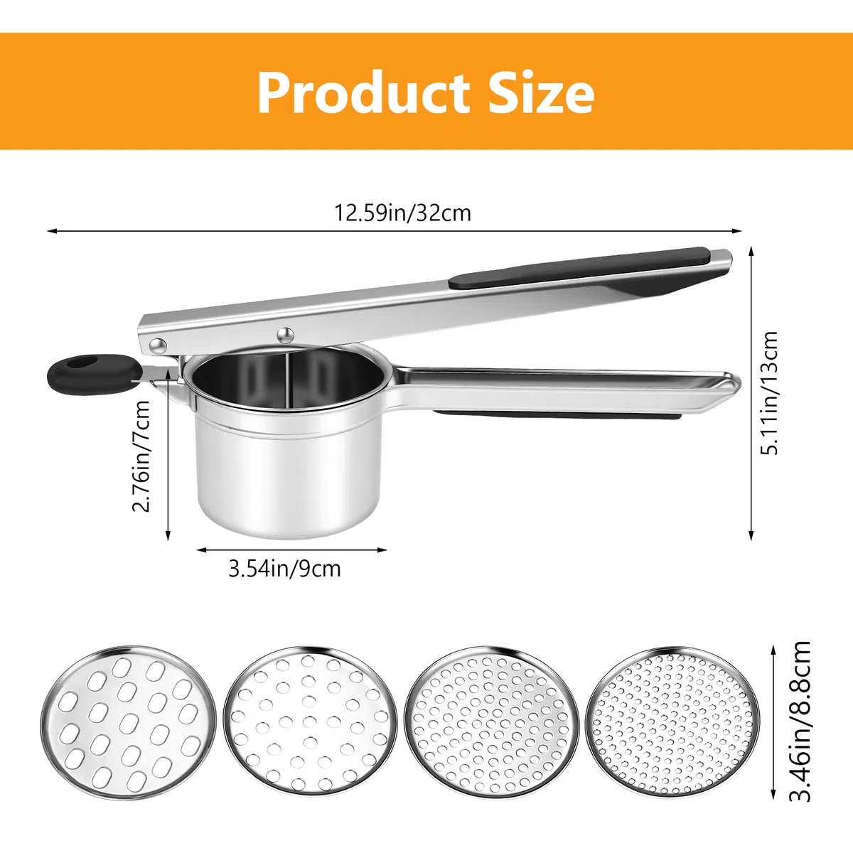 1 Pcs Machacador de Patatas, Pasapures Acero Inoxidable, Prensa Patatas, Prensador de papas de acero inoxidable para papas, frutas y puré de verduras, con 3 discos reemplazables