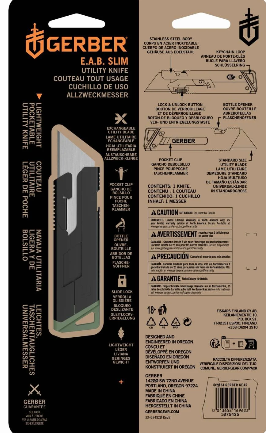 Gerber Navaja con clip de bolsillo, E.A.B. Slim, hoja trapezoidal estándar intercambiable, bloqueo deslizante, longitud de la hoja: 3,7cm, acero inoxidable (7Cr17MoV), 1075425