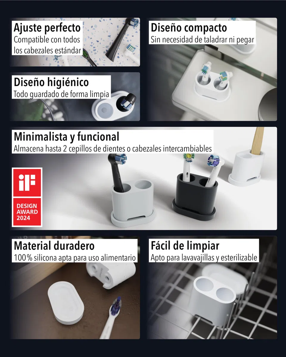 Qikfresh - Soporte para 2 Cabezales y cepillos dentales - Compatible con Oral-B, iO, Philips Sonicare, Waterpik, Fairywill - Silicona alimentaria (Blanco)