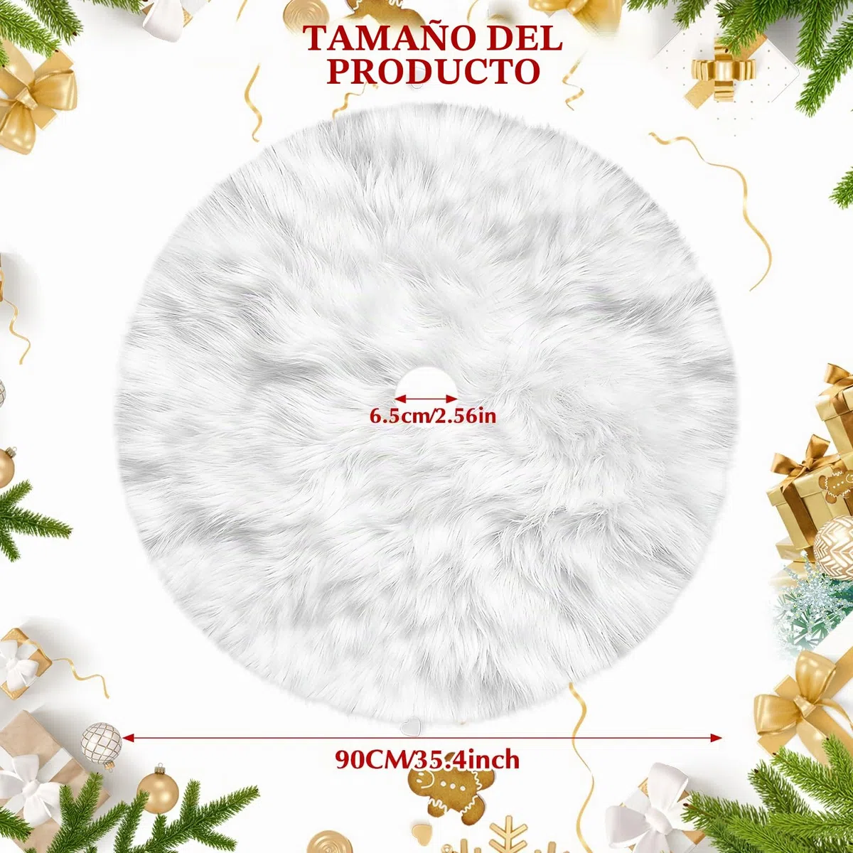 Faldón para Árbol de Navidad 90cm, Cubresuelos de Pelo Blanco Suave con 5 Adhesivo para Fijar alfombras para Decoración de Árbol de Navidad, Decoración Navideña para Interior