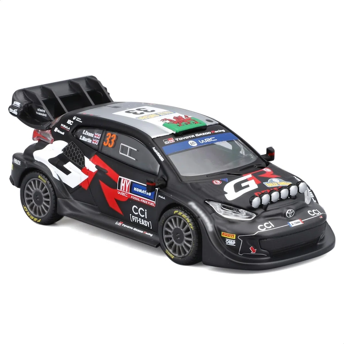 Bburago - Toyota GR Yaris Rally 1 Hybrid #33 Evans con Vitrina de exposición a Escala 1:43, Coche de Rally de fundición a presión, réplica Detallada, Licencia Oficial de Toyota, 14+