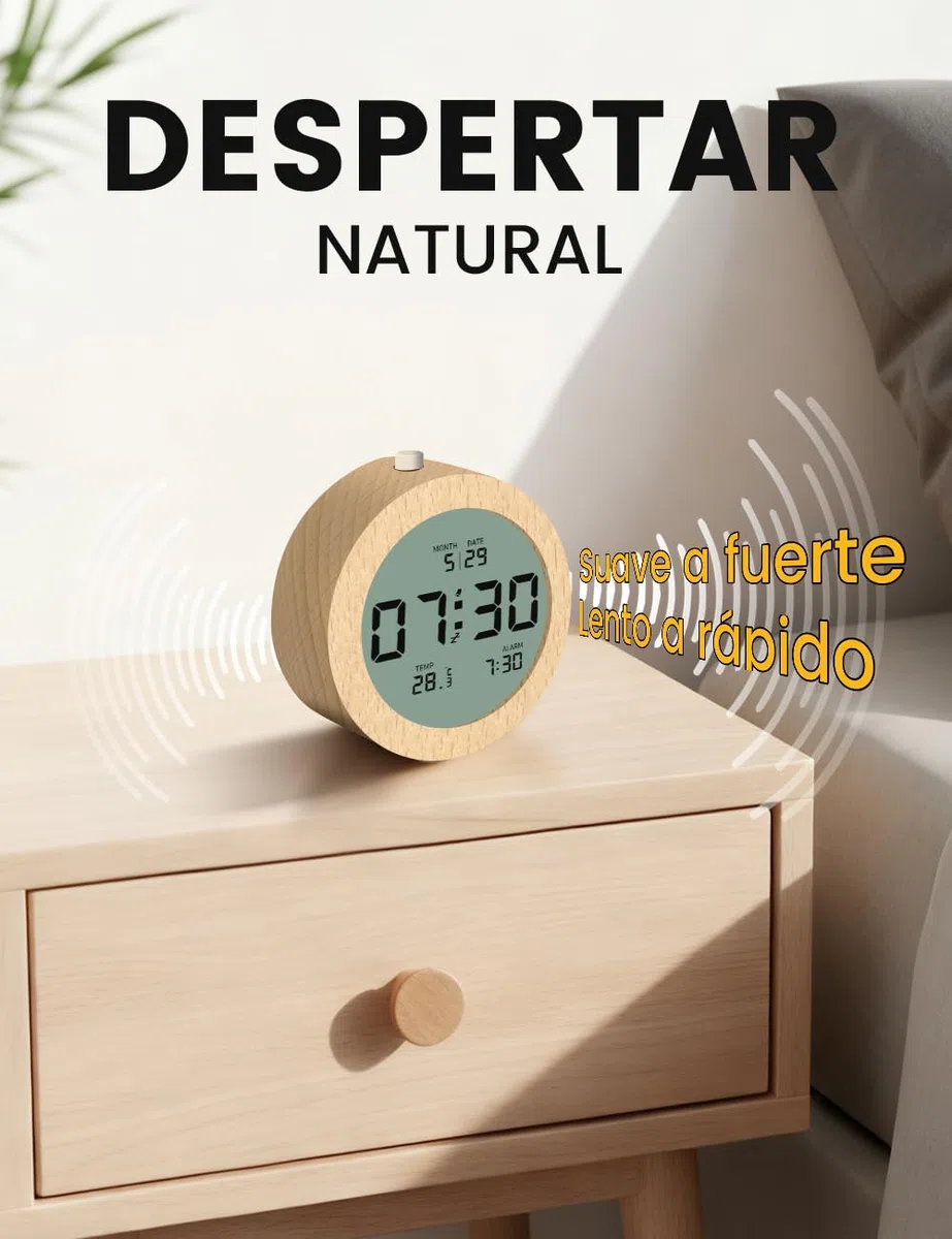 aboveClock Despertador Digital, Despertador De Madera con Pantalla LCD Que Muestra Temperatura Y Fecha, Función Snooze, Retroiluminación, Funciona con 3 Pilas AAA (Pilas No Incluidas)