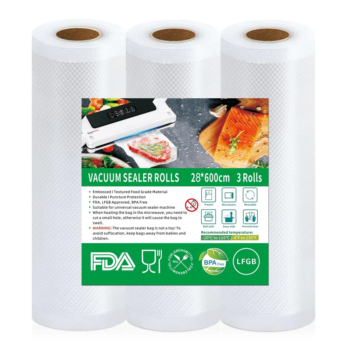 3 Rollos Bolsas Vacio Alimentos, 28x600cm Gofradas Rollo Bolsas Envasar al Vacio Alimentos, BPA Free, Reutilizable, Rollos Envasadora al Vacio para Envasadora al Vacío e Sous Vide