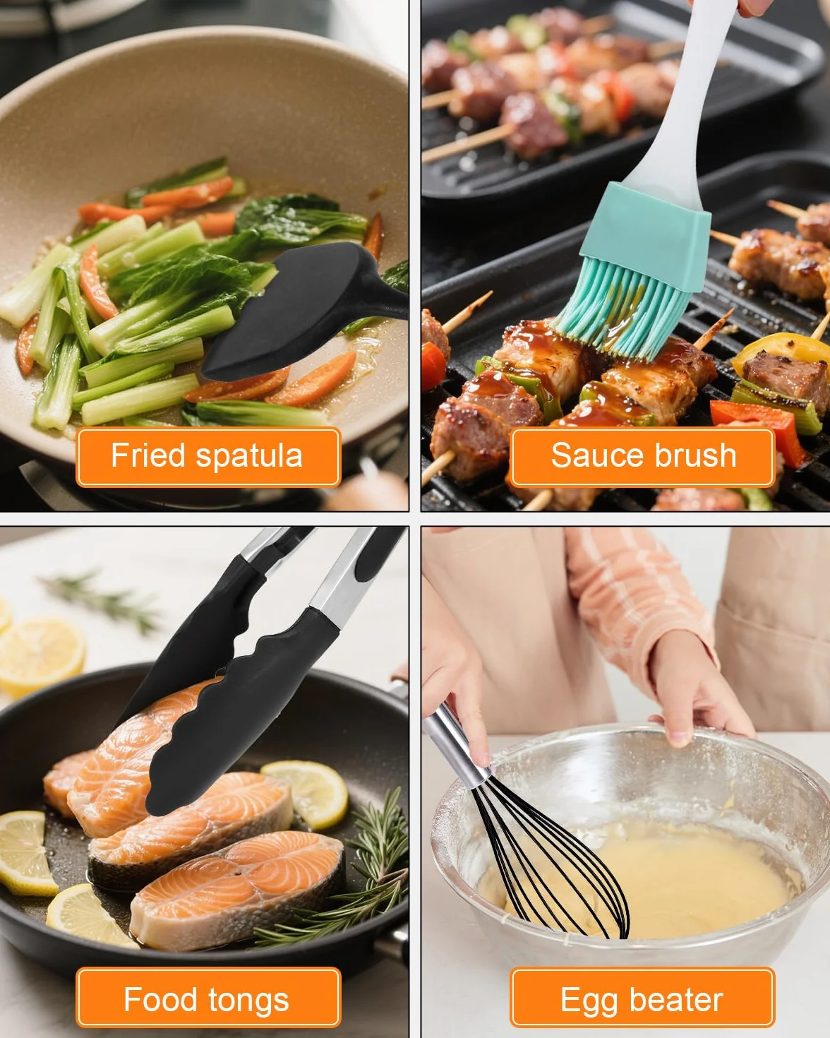 15 Piezas Utensilios de Cocina de Silicona,Negro Juego de Utensilios de Cocina de Silicona,Sin BPA,Juego Utensilios de Cocina Resistencia al Calor y Antiadherente con Cubo