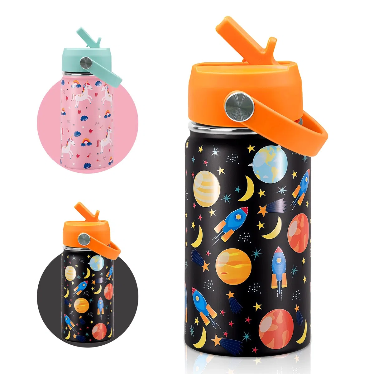 Botella de Agua para Niños de Acero Inoxidable 350ml, Botella de Agua Aislada, Botella Termica con Pajita, Reutilizable, Sin BPA, Sin Fugas, Asa de Transporte（Modelo Espacial）
