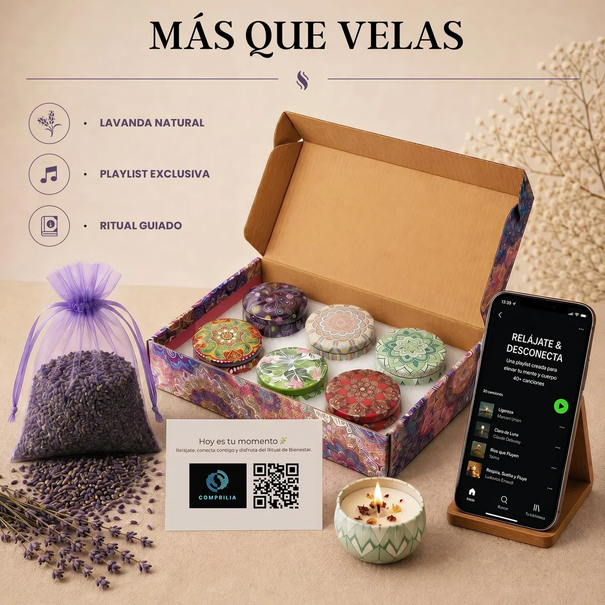 Set de Velas Aromáticas para Regalo 6 Aromas | Coconut, Peppermint, Sándalo y Más | Lavanda Natural, Ritual QR y Caja Decorativa