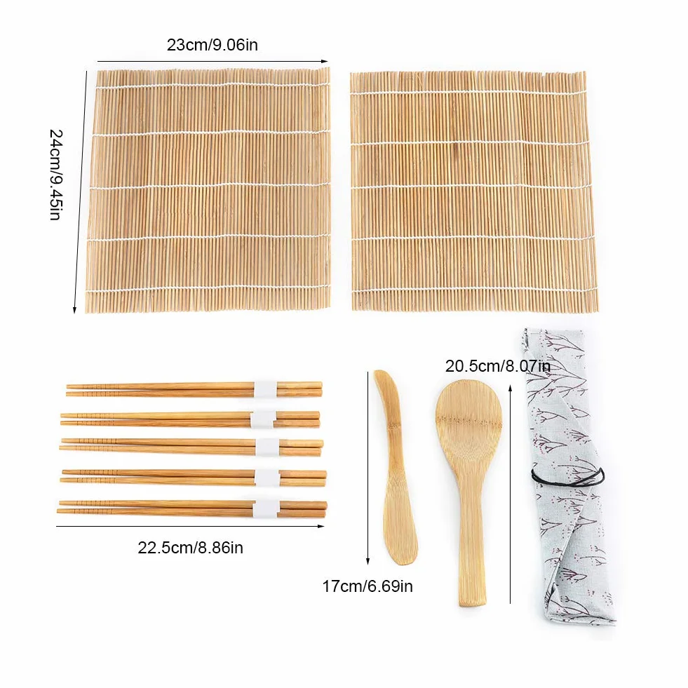 Atyhao 9 Piezas/Set Kit de Fabricación de Sushi de Bambú Incluye 2 Esteras 5 Palillos 1 Paleta 1 Cuchilla de Sushi
