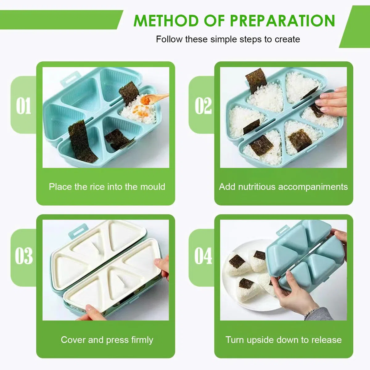 Molde para Onigiri y Fiambrera, 6 en 1 Molde Triangular de Sushi para 6 Onigiri, Kit para Hacer Sushi y Caja de Almacenamiento, para Almuerzo, Picnic y Fiestas