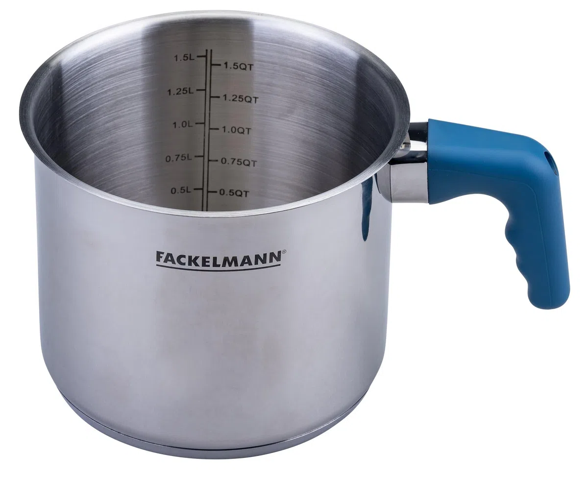 Fackelmann Olla para leche Essential Ø 14 cm de acero inoxidable con mango ergonómico de baquelita y práctica escala de litros – Ideal para todo tipo de fuegos