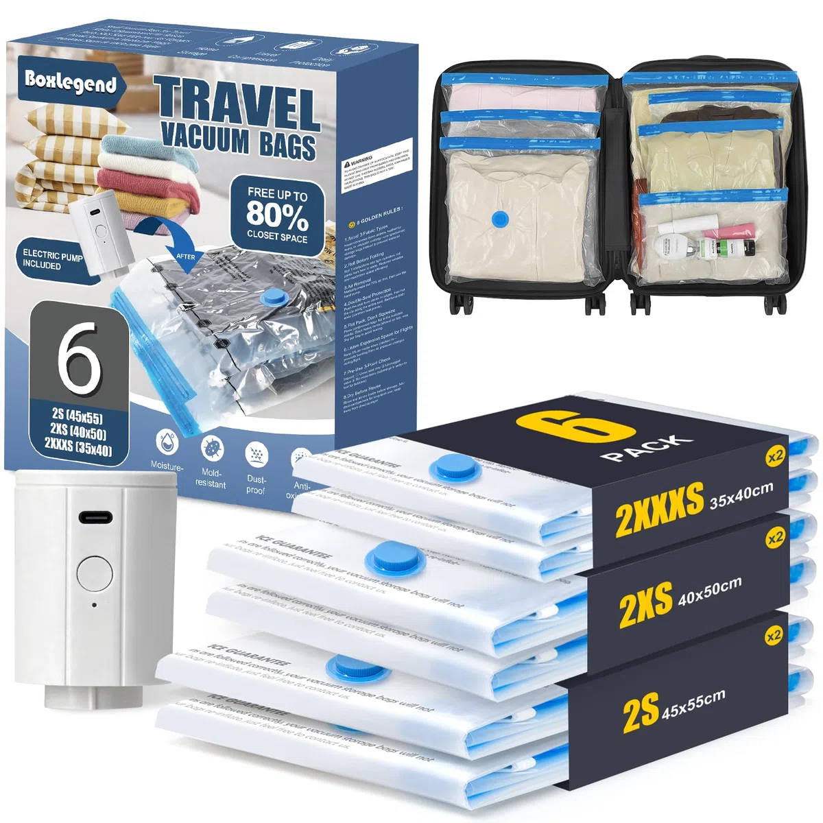 BoxLegend 6 Bolsas de Vacío de Viaje con Bomba Eléctrica 2 * 45x55cm, 2 * 40x50cm, 2 * 35x40cm Bolsas de Compresión Ahorradoras de Espacio para Maleta, Impermeables y Anti-Polvo para Ropa