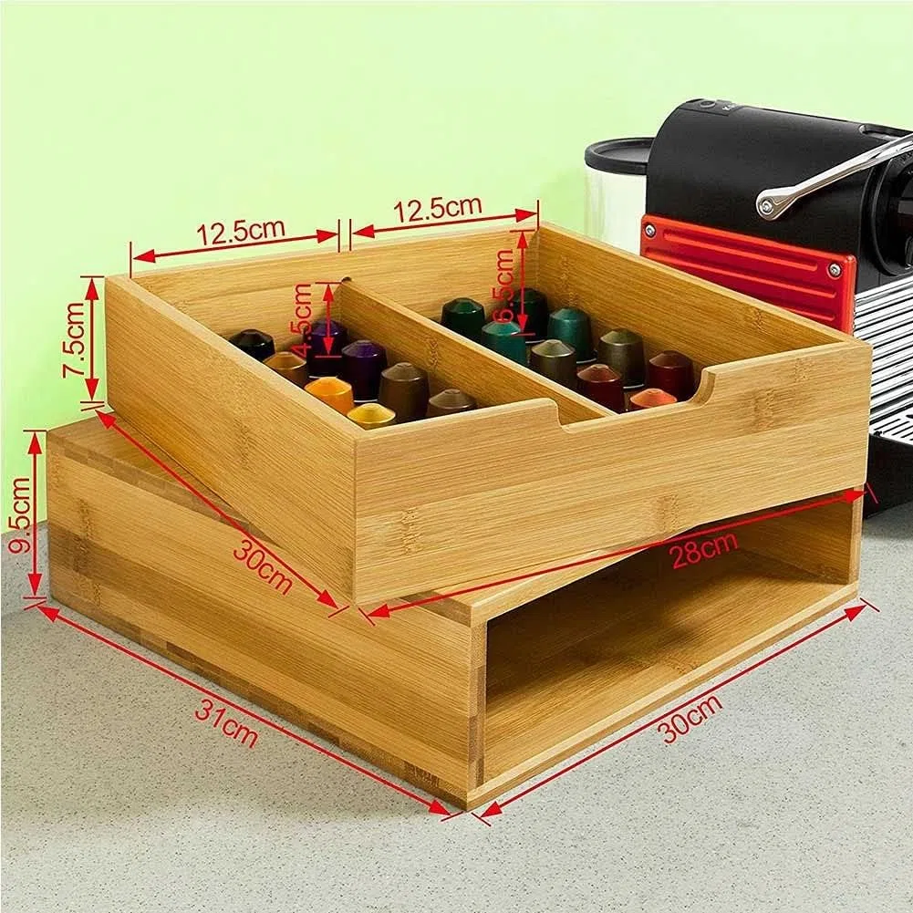 BAKAJI Dispensador Con Cajón Para Almacenar Cápsulas Almacenamiento Organizador Cápsula de Nespresso Dolce Gusto Café Té Pòds Porta Cápsulas de Madera de Bambú 31 x 30,5 x 9,5 cm