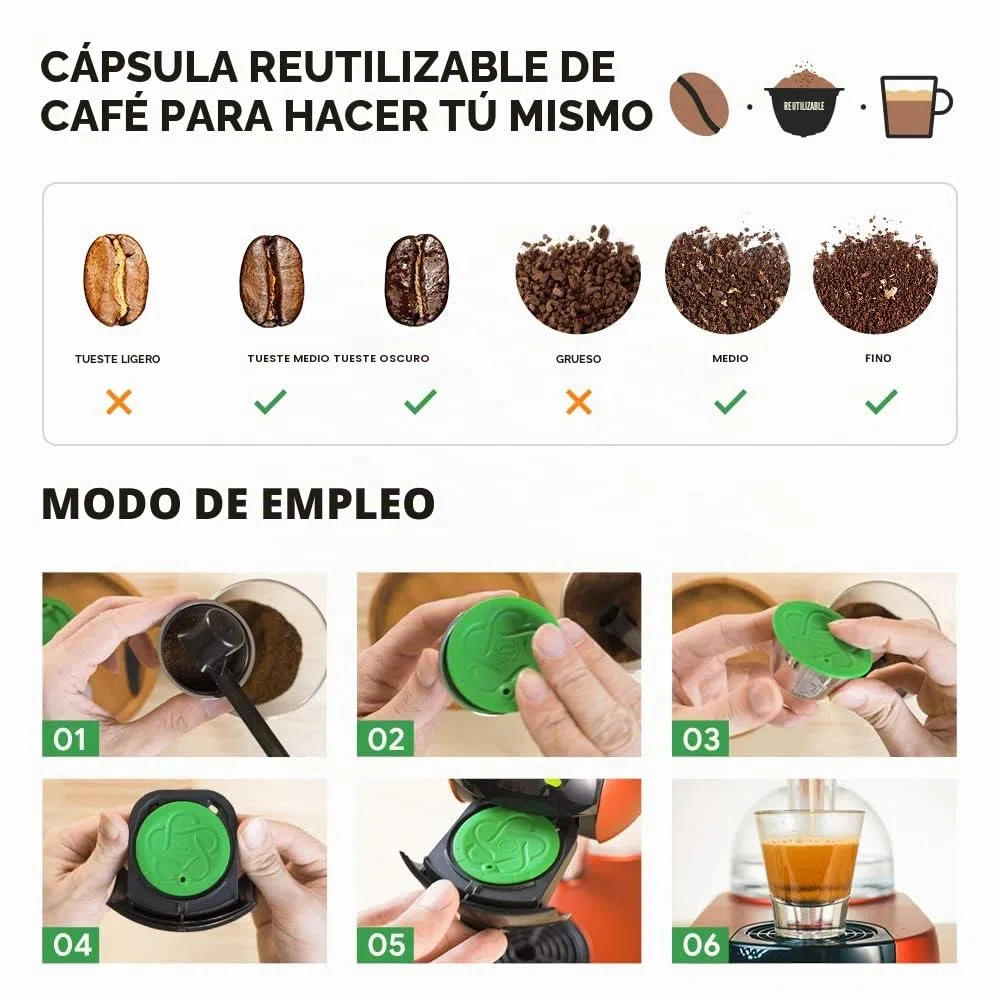 Capsules rechargeables Filtres à dosettes de café réutilisables compatibles avec les brasseurs Dolce Gusto avec cuillère et brosse (1 cápsula, 1 tamper)