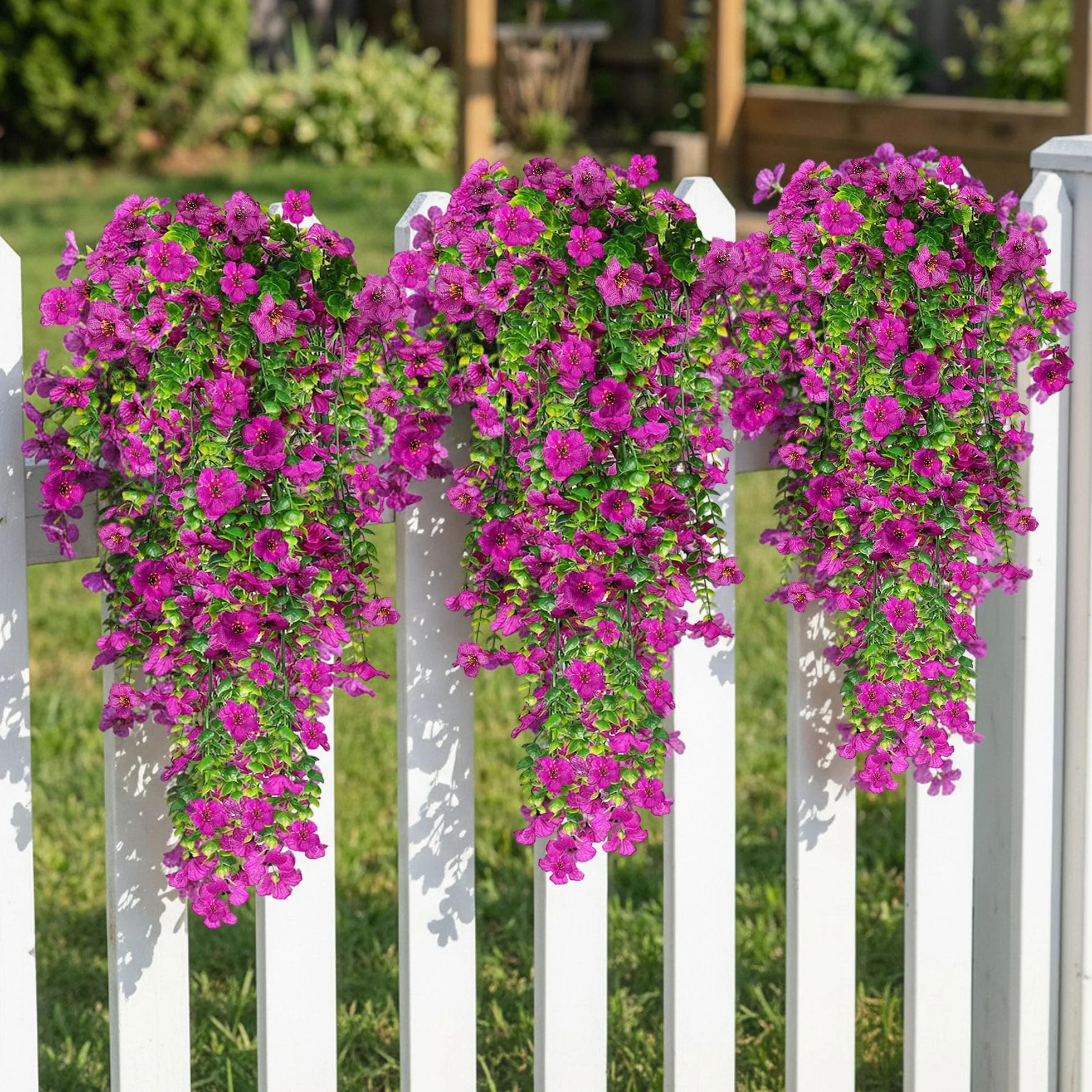 4 Piezas de Flores Artificiales Colgantes Exteriores, 77cm A Los Rayos UV Resistentes Artificiales Plantas para Jardines, Balcones, Patio, Paredes, Inicio Cocina Decoración (Morado)