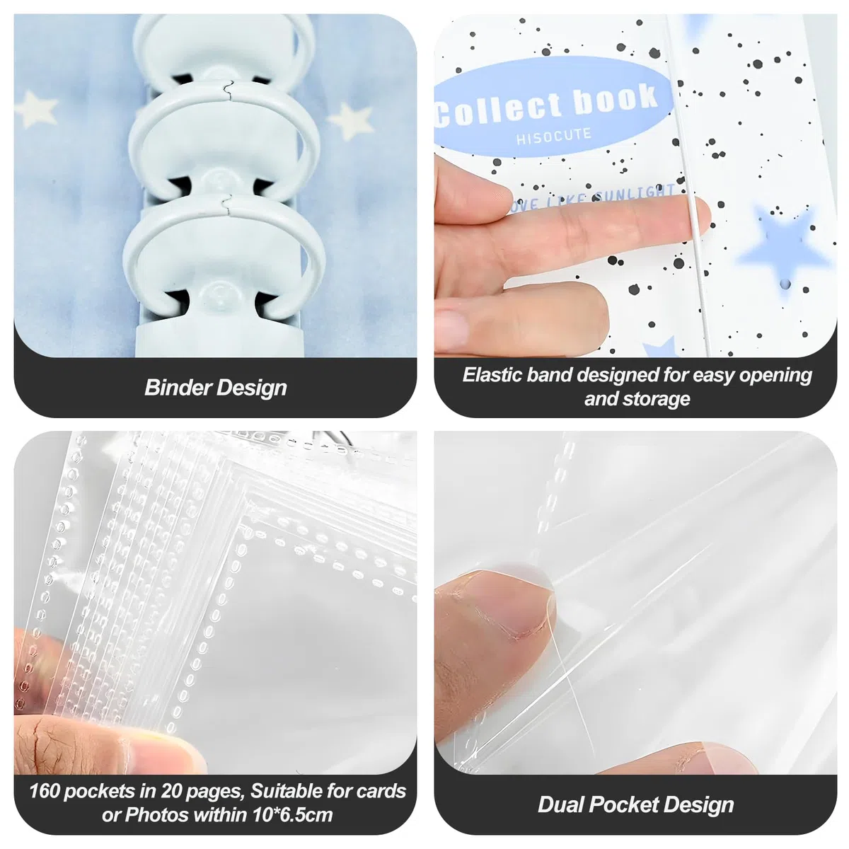 Álbum de fotos A5, portatarjetas de fotos Kpop de 3 pulgadas con 20 hojas, 4 compartimentos para fundas de fotos (160 bolsillos), funda transparente, 5 pegatinas de colores, 6 carpetas de anillas,