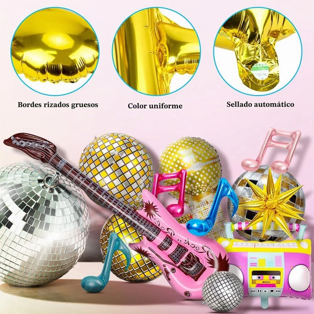 Globos para Fiesta Disco, 26PCS Globo Discos Explosión Estrella Guitarra Saxofón Globo de Aluminio con Motivos Musicales Variados, Tema Retro de los años 80 y 90 hip hop Fiebre Disco Globos