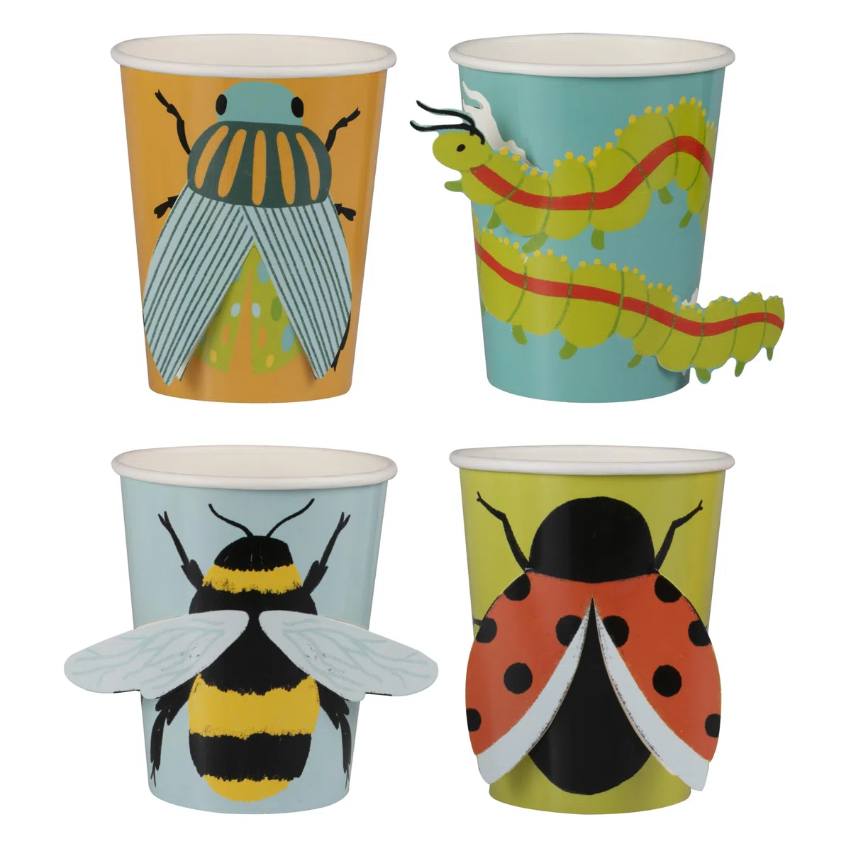 Ginger Ray Creepy Crawly Bugs - Vasos de papel para fiestas con 3D Pop Out Bugs vajilla de cumpleaños para niños, paquete de 8