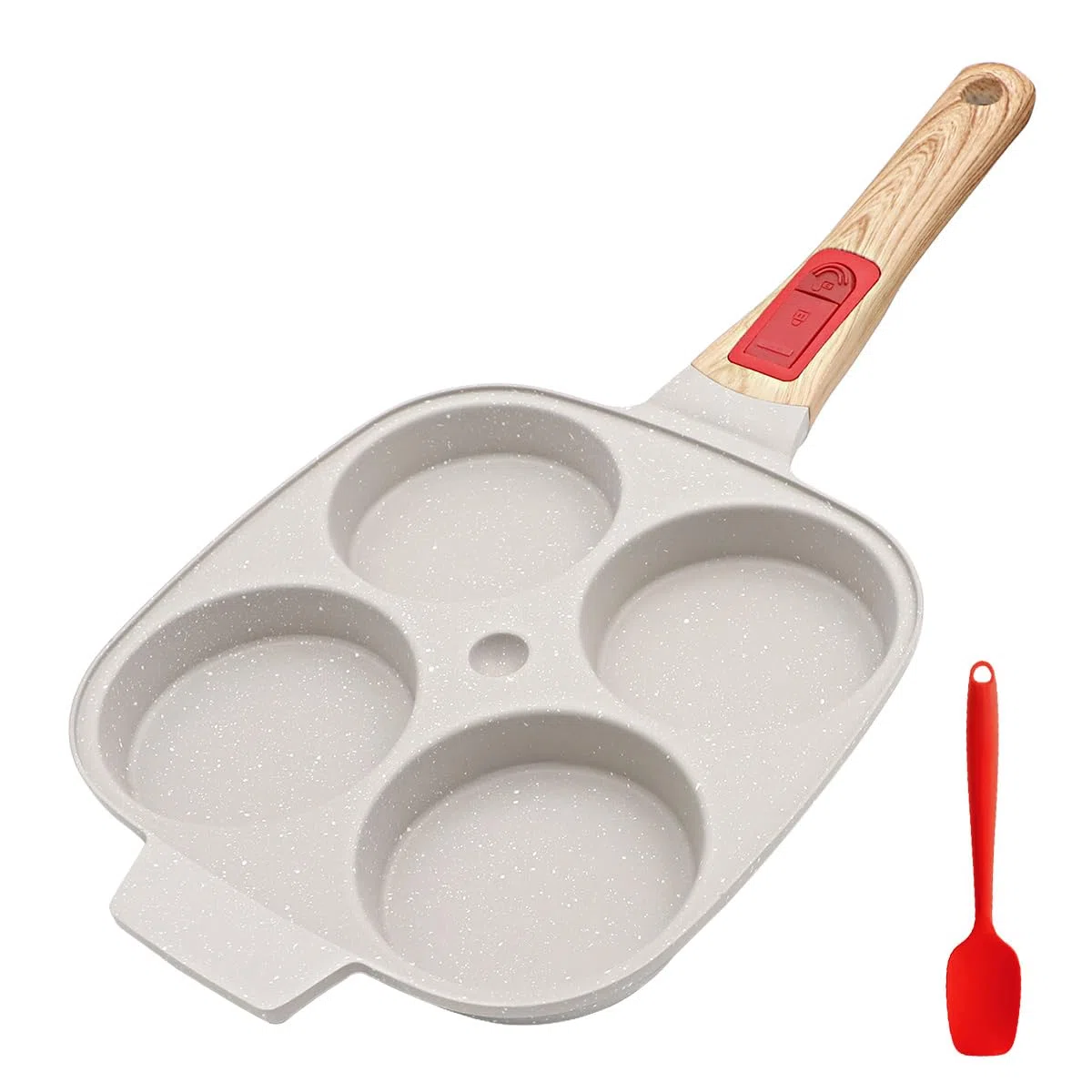 Sartén Tortitas con Mango Extraíble, Sartén Huevos Poche de 4 Agujeros Sartén Antiadherente de Aluminio para Desayuno Huevos Fritos Panqueques - Blanco