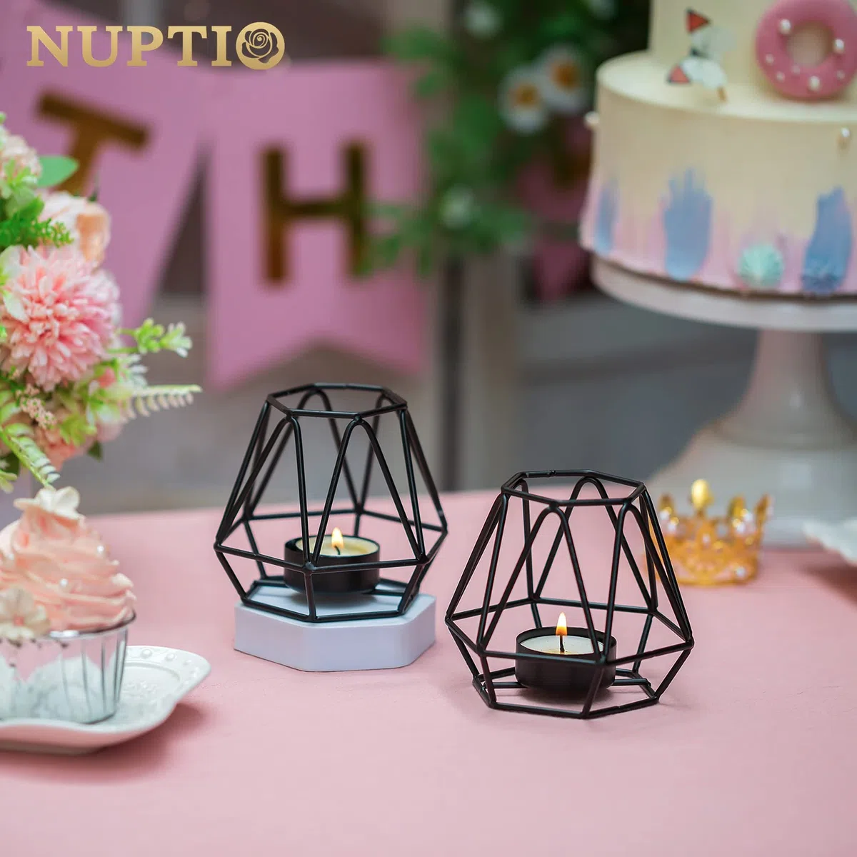 Nuptio 2 Piezas Candelabros Luz Té, Candelabro Té Negro, Candelabros Votivos Candelita Geométrica Hexagonal Metal para Bodas Hogar Sala Estar Mesas Café Decoración, Adornos para Fiesta Navidad
