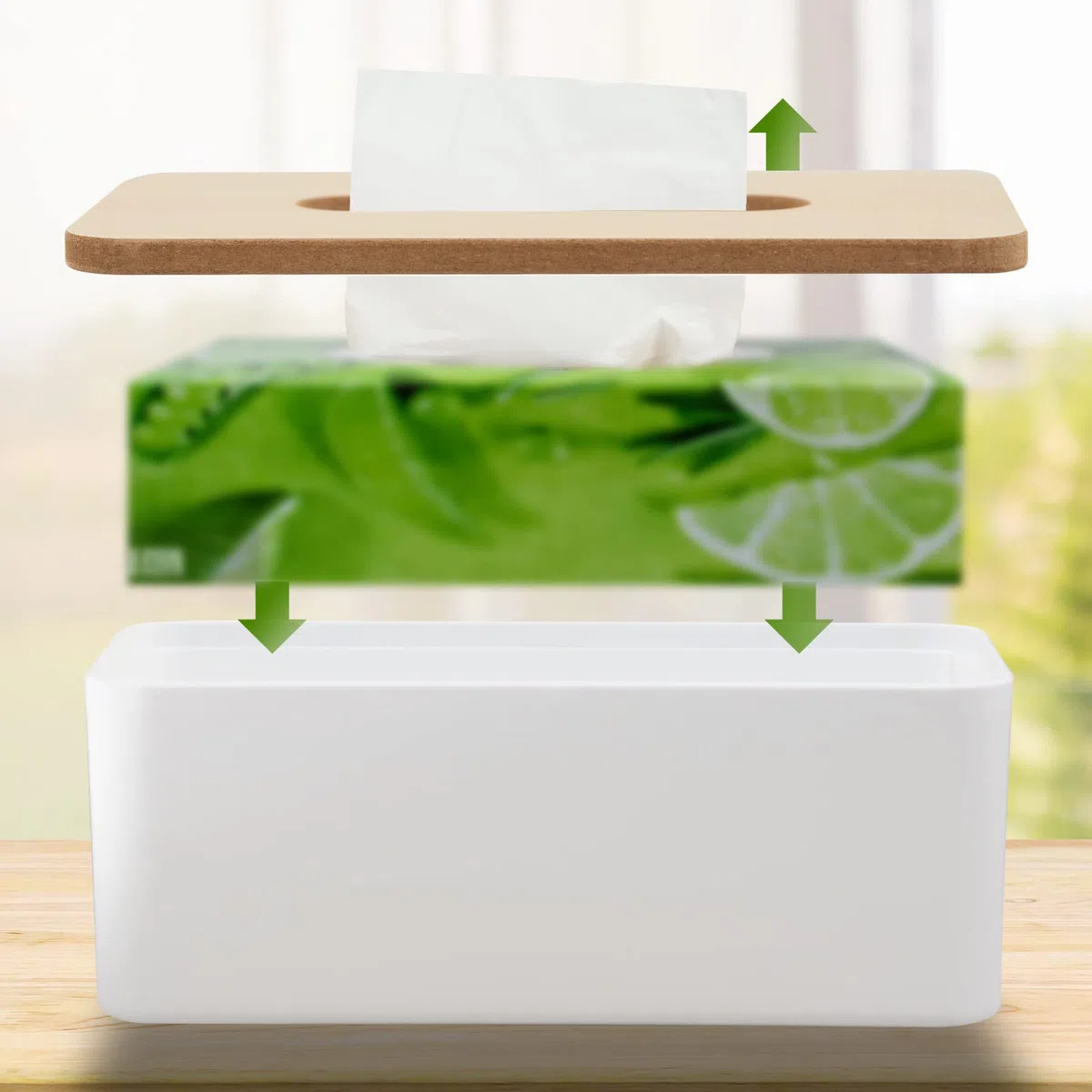 Caja para pañuelos, Caja Pañuelos Papel con Tapa de Bambú, Dispensador de Pañuelos de Papel para Baño, Salones, Coche, 21x13x10cm (Blanco)