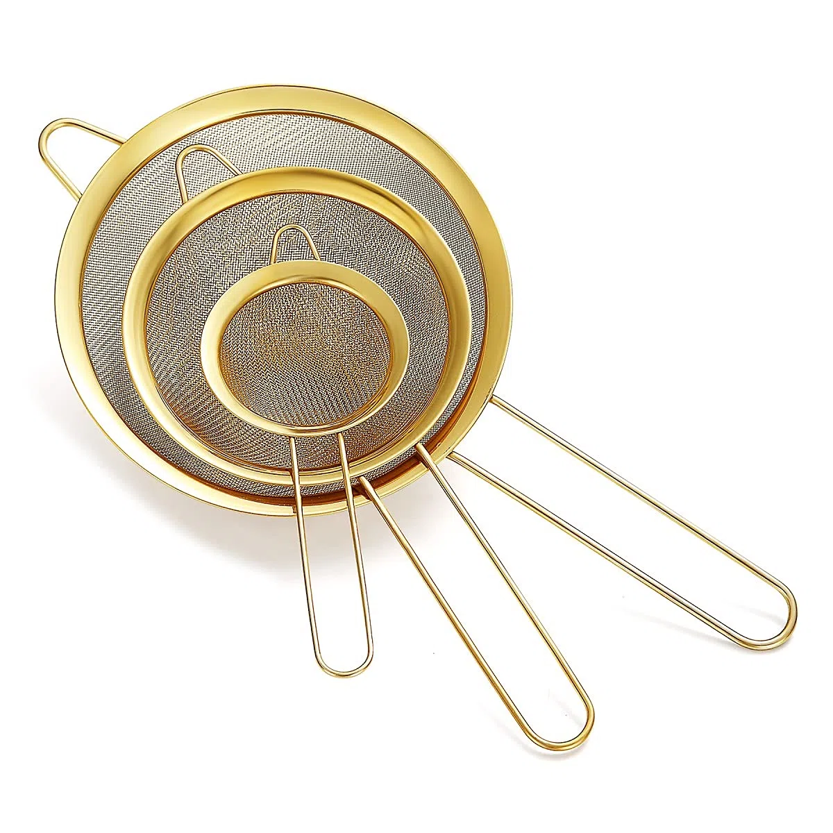 Juego de 3 coladores de malla fina dorada, tamiz de harina dorada para hornear, caldera de acero inoxidable, colador de té matcha dorado, separador de salsa, coladores de pasta