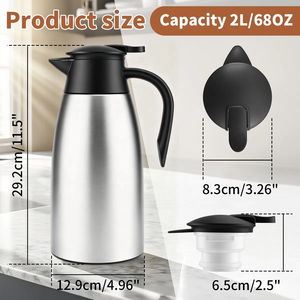 2 Litros Jarra Termo, Jarra Térmica se Acero Inoxidable 304, Termo con Aislamiento Térmico, Se Mantiene Caliente Durante 24 Horas Para Café, Té, Agua, Bebida