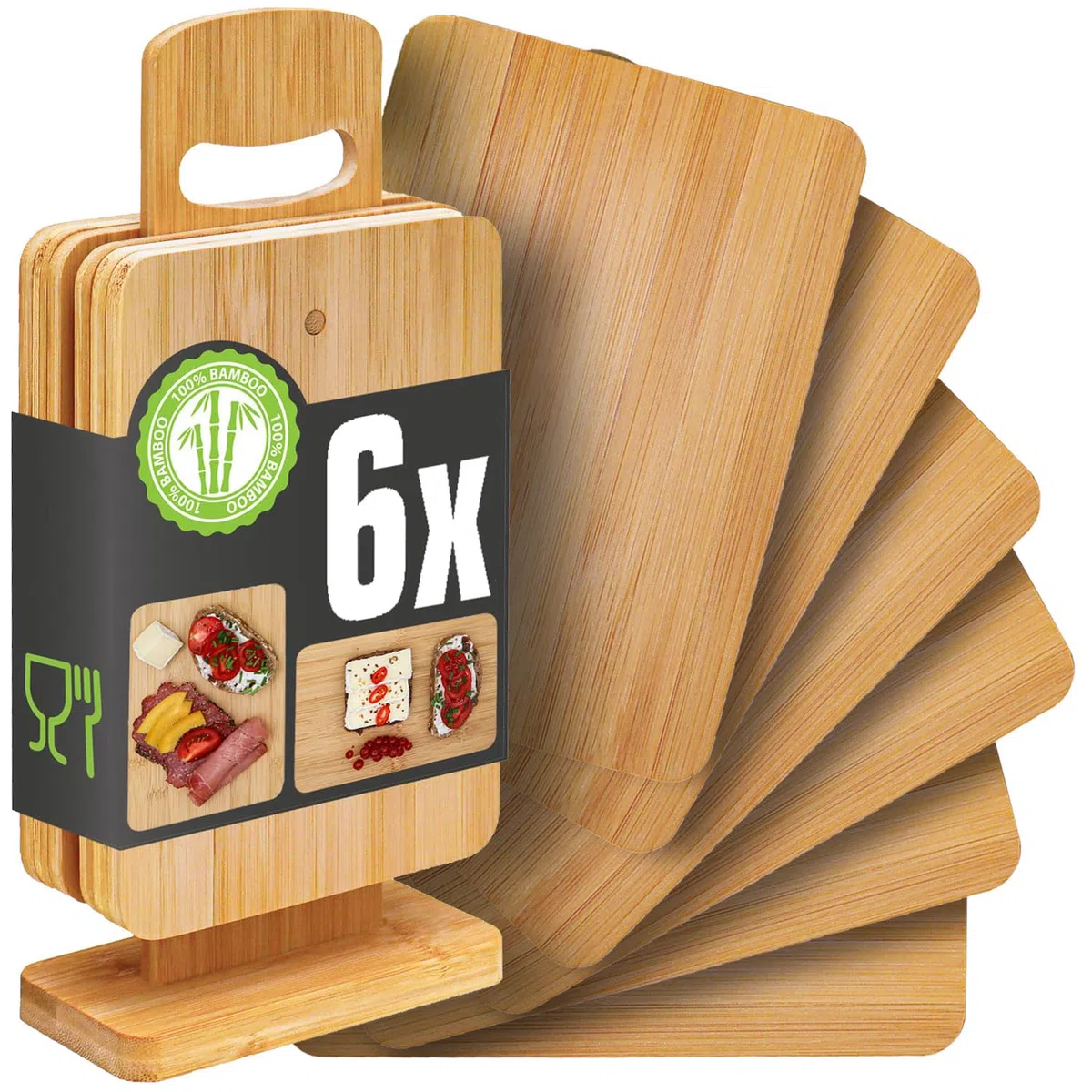 DuneDesign Juego de 6: Tabla de Cortar con Soporte - 22x15 Platos para Tapas de Bar - Tabla para Quesos y Aperitivos Bandeja de Bambu Tabla Corte Madera - Tabla Cocina Pequeña Bandejas Servir