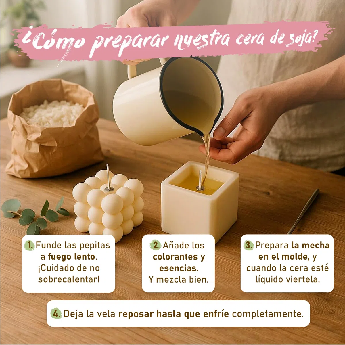 Cera de soja 100% Natural Premium para moldes, figuras, wax melts en bolsa de 2Kg. Perlas de alto punto de fusión y desmolde fácil, sin olor para DIY. Compatible con colorantes y fragancias.