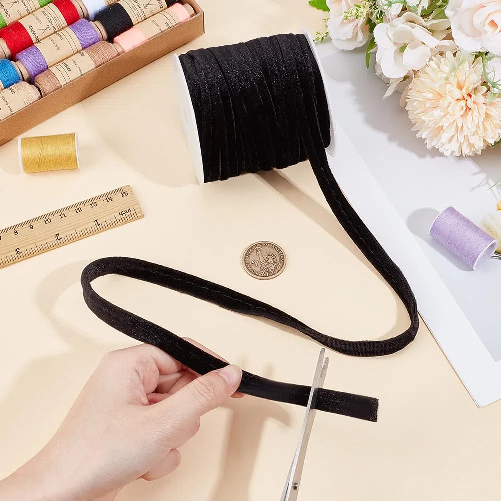 BENECREAT Cinta Bies de Terciopelo Negro de 16.4 m, Ribete de Cordón de 12 mm Ancho para Coser Prendas y Tapicería