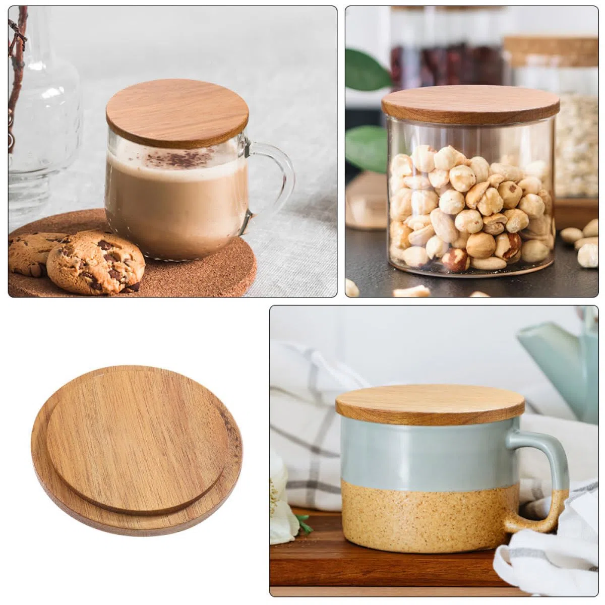 Tapas de Madera para Vasos de Vidrio y Cerámica 4 Unidades Redondas de Madera de Acacia 85 CM Fundas Reutilizables Multiusos para Tazas Cubiertas para Decoración y