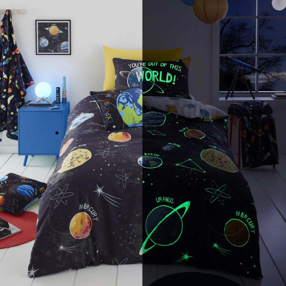 Bedlam - Funda nórdica Que Brilla en la Oscuridad - Tamaño Individual (200 x 140 cm) - Reversible (2 diseños) - Ropa de Cama Galaxy y Planeta para niños - Funda de edredón del Universo del Sistema