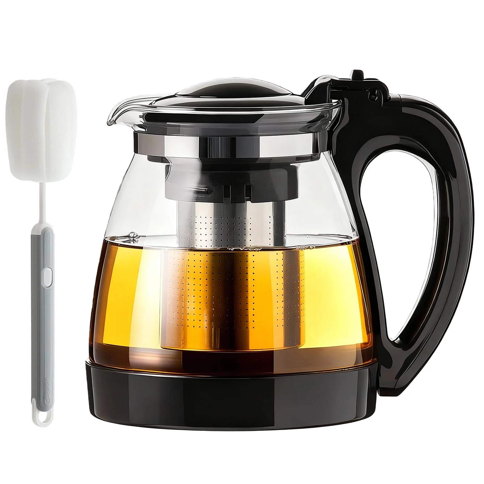 Tetera de cristal de 2 litros, resistente al calor, con colador de acero inoxidable y cepillo de limpieza, para té suelto, té verde, té de hierbas