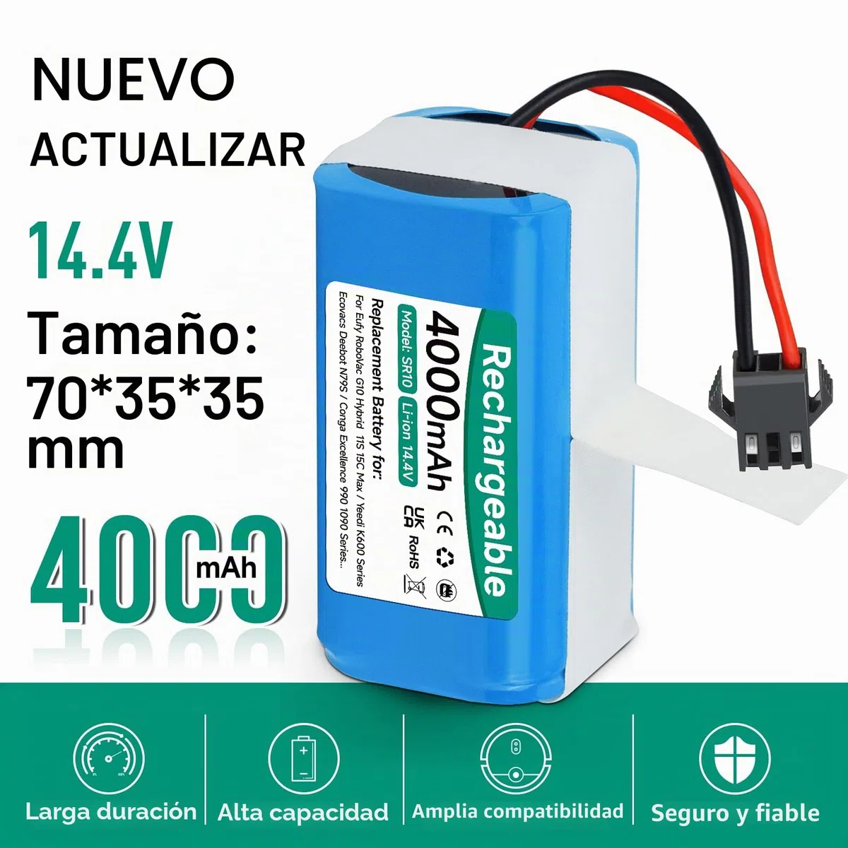 4000 mAh 14,4V Batería para Venga RVC 3000,Conga 990/1090/1790,Conga 2290 Ultra,Neatsvor x500,Ikonhs netbot S14/S15,Proscenic 850T,Ultenic D5/D5s,Tesvor S6/X500,Eufy RoboVac 11s/30c/G10