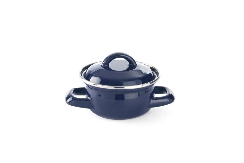 HENDI Cazuela con tapa, olla, para sopas y salsas, para cocinar y servir, sólo apta para cocinas de gas, 0.3L, ø115x(H)90mm, acabado esmaltado azul, reborde de acero inoxidable