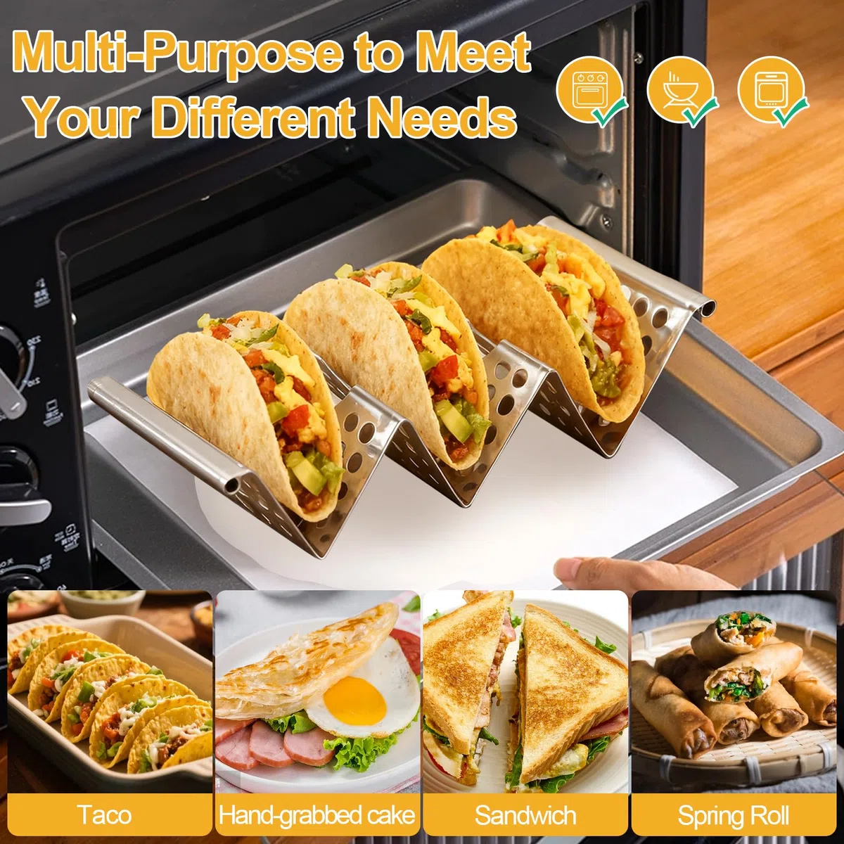 10 Soporte para Tacos de Acero Inoxidable con Cuencos para Mojar y Cuchara, Estante para Tacos Wave hasta 3 Tacos Cada Uno, Soporte para Perritos Calientes para Mantener Sandwiches Tortitas