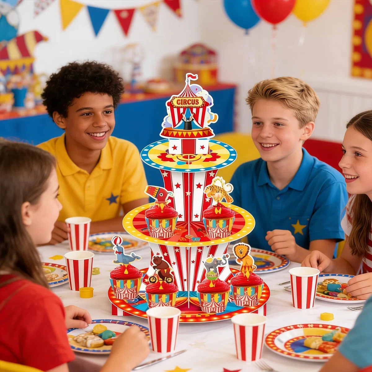 Estante para tartas de postre de 3 niveles, tema de dibujos animados, accesorios de fiesta de cumpleaños para niños y niñas, estante para cupcakes, accesorio de cumpleaños temática de