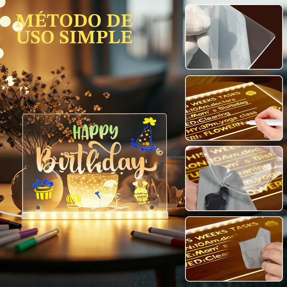 Tablero Acrílico Luminoso con Mensaje LED, Tablero de Notas LED con Bolígrafo de 7 Colores, Tablero de Dibujo LED con Soporte,Tablero de Escritura LED Luminoso Transparente, Limpiable