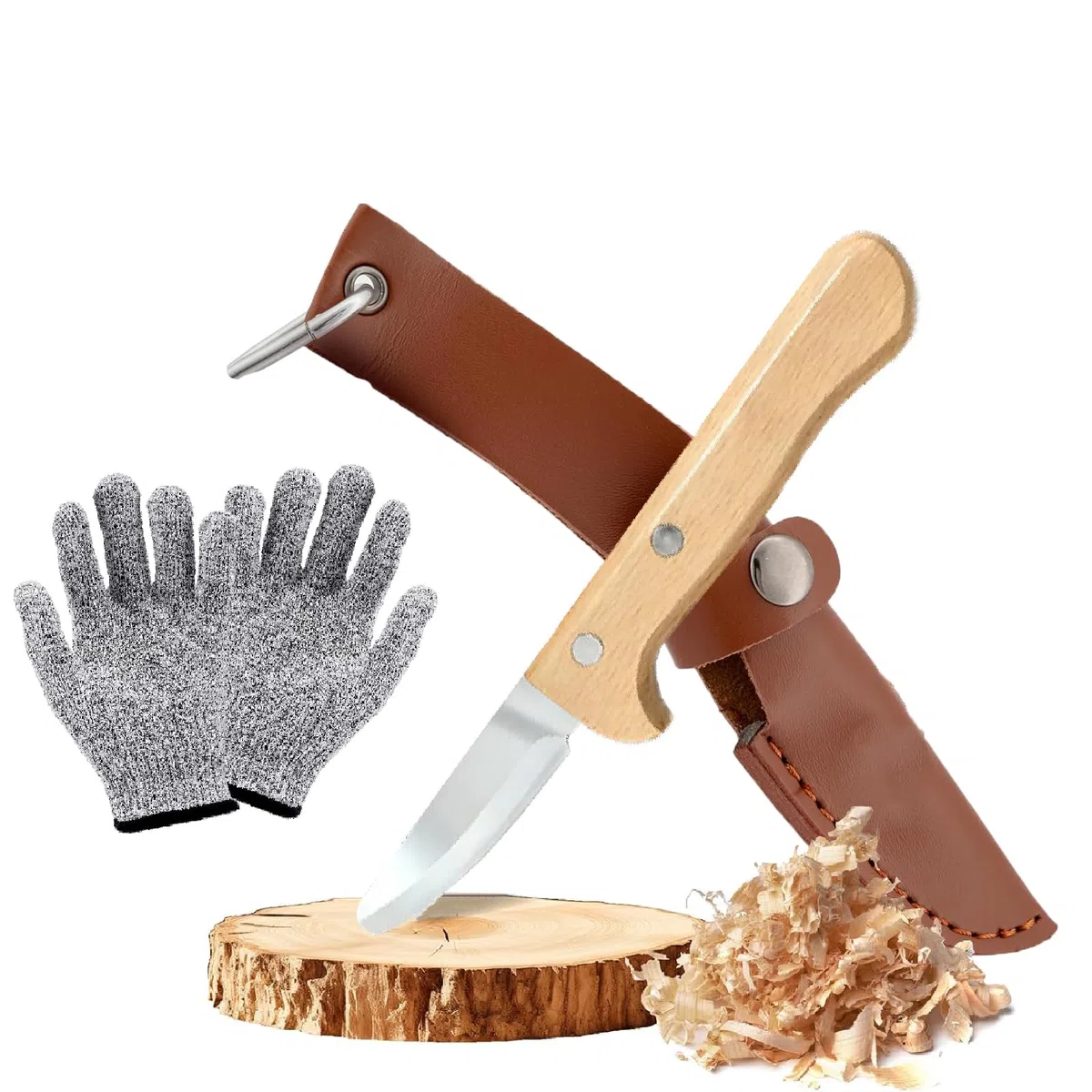 Cuchillo de Tallado para Niños, Cuchillo de Trinchar de Acero Inoxidable Herramientas de Tallado en Madera con Funda y Guantes Anti-Corte, para Manualidades y Actividades al Aire Libre