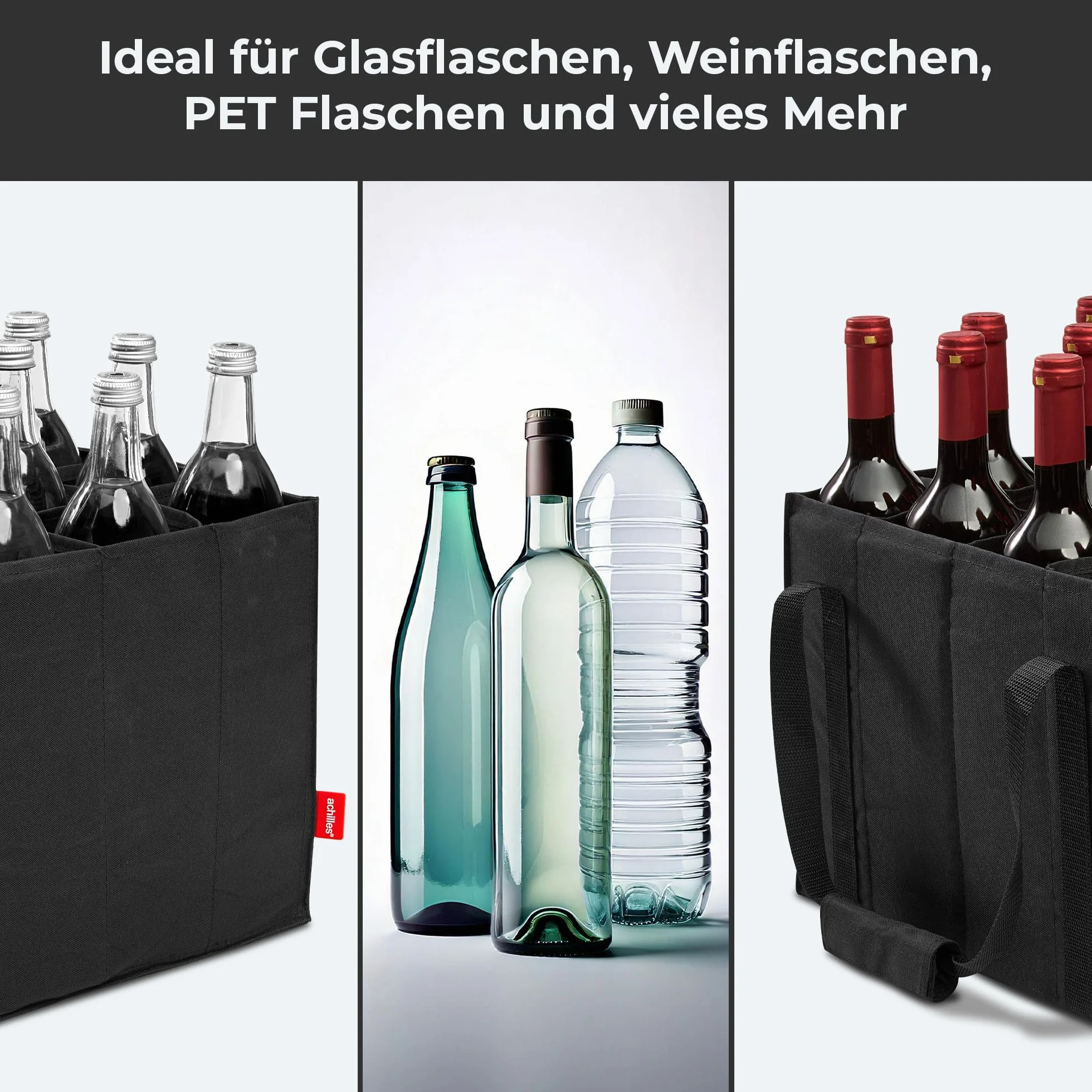 Achilles Bolsa de Transporte para 12 Botellas de 1,5 L, 12 Compartimentos, 36 x 27 x 27 cm Negro