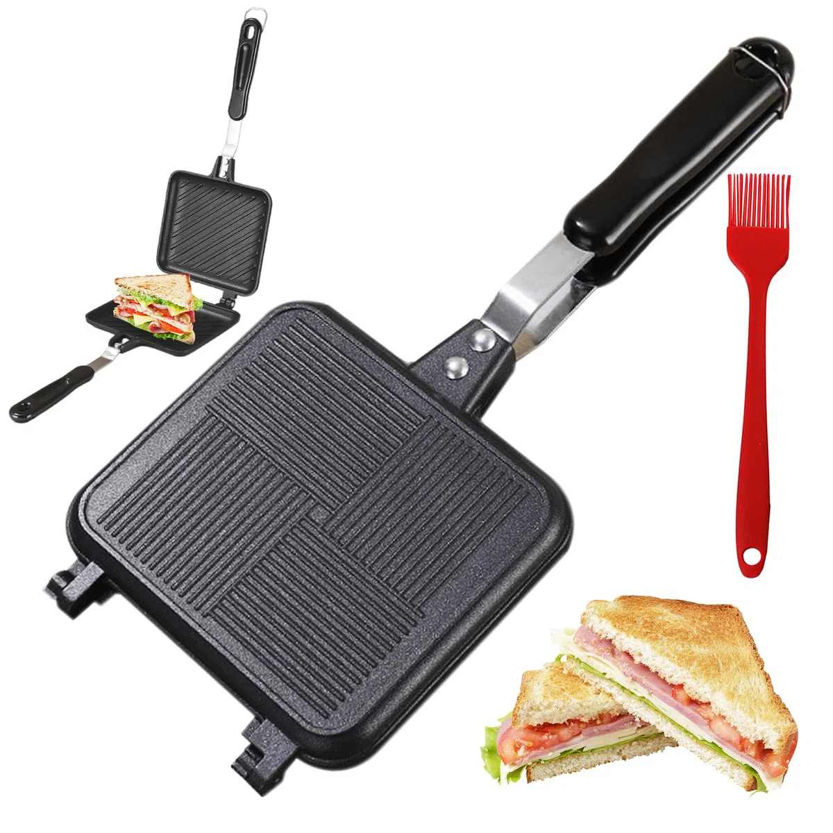 Sartén de aluminio de doble cara: Hot Sandwich Maker Pan, tostadora con mango resistente al calor, revestimiento antiadherente Sandwich Panini Maker para el hogar, la cocina no apta para cocina