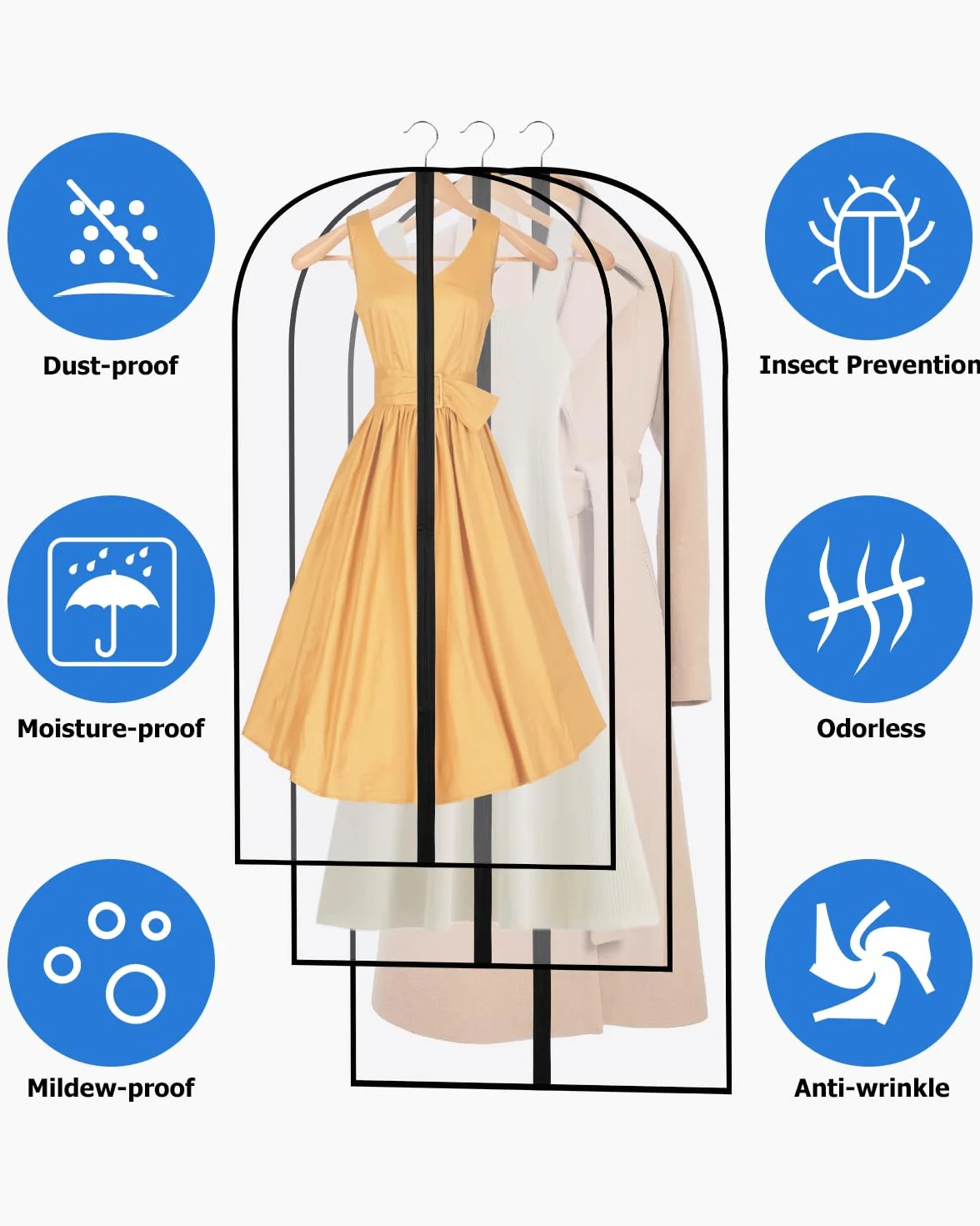 12 Fundas de Ropa, Fundas Ropa Armario Transparente 60 x 120/100/80 cm, Bolsas Guardar Ropa Antipolvo Impermeable Camisas, Bolsa de Ropa para Traje, Vestidos, Camisas,Noche, Negro