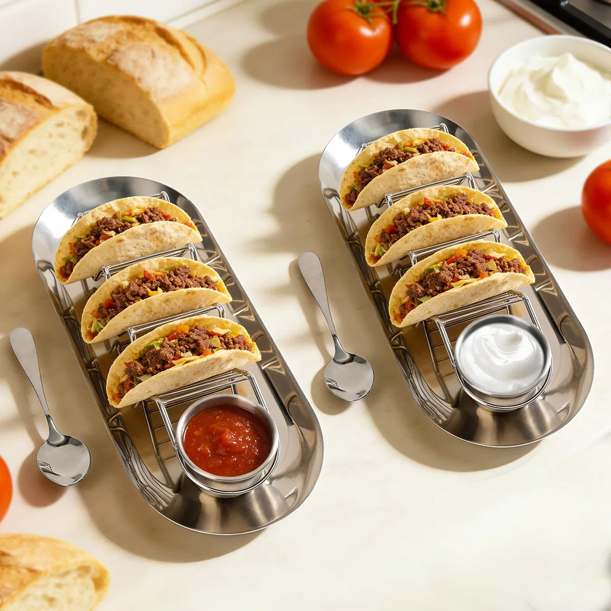 Juego de 2 soportes para tacos de acero inoxidable con bandeja, tazas de salsa y cuchara, para fiestas, apto para lavavajillas