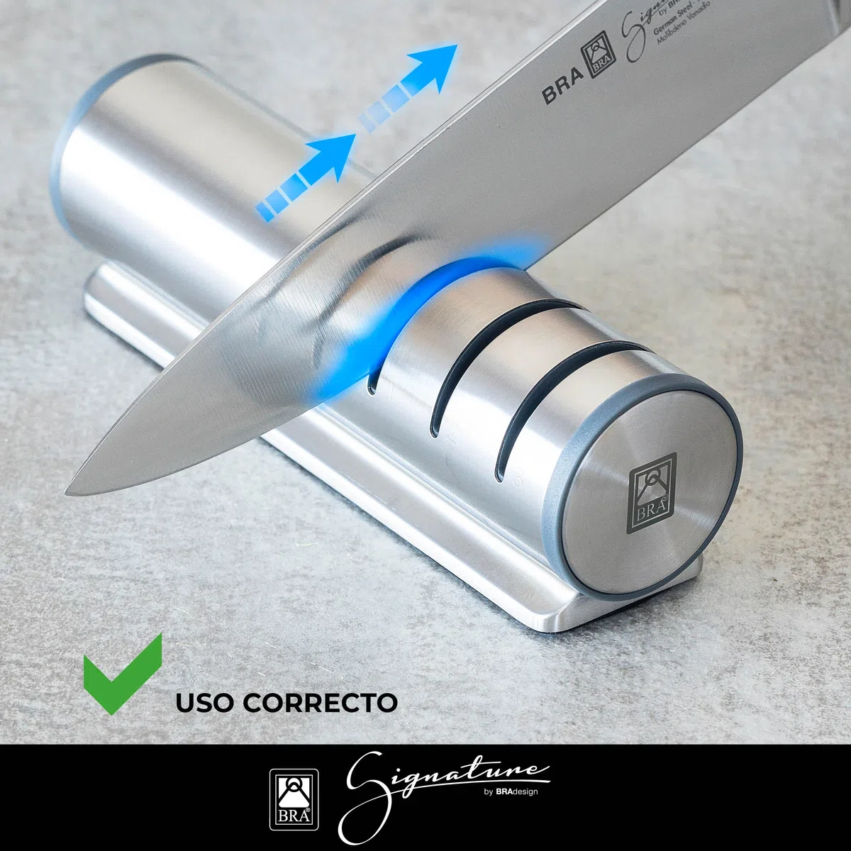 BRA Signature | Afilador de cuchillos, Acero Inoxidable 18/10, Sistema de tres ruedas, Alta Precisión
