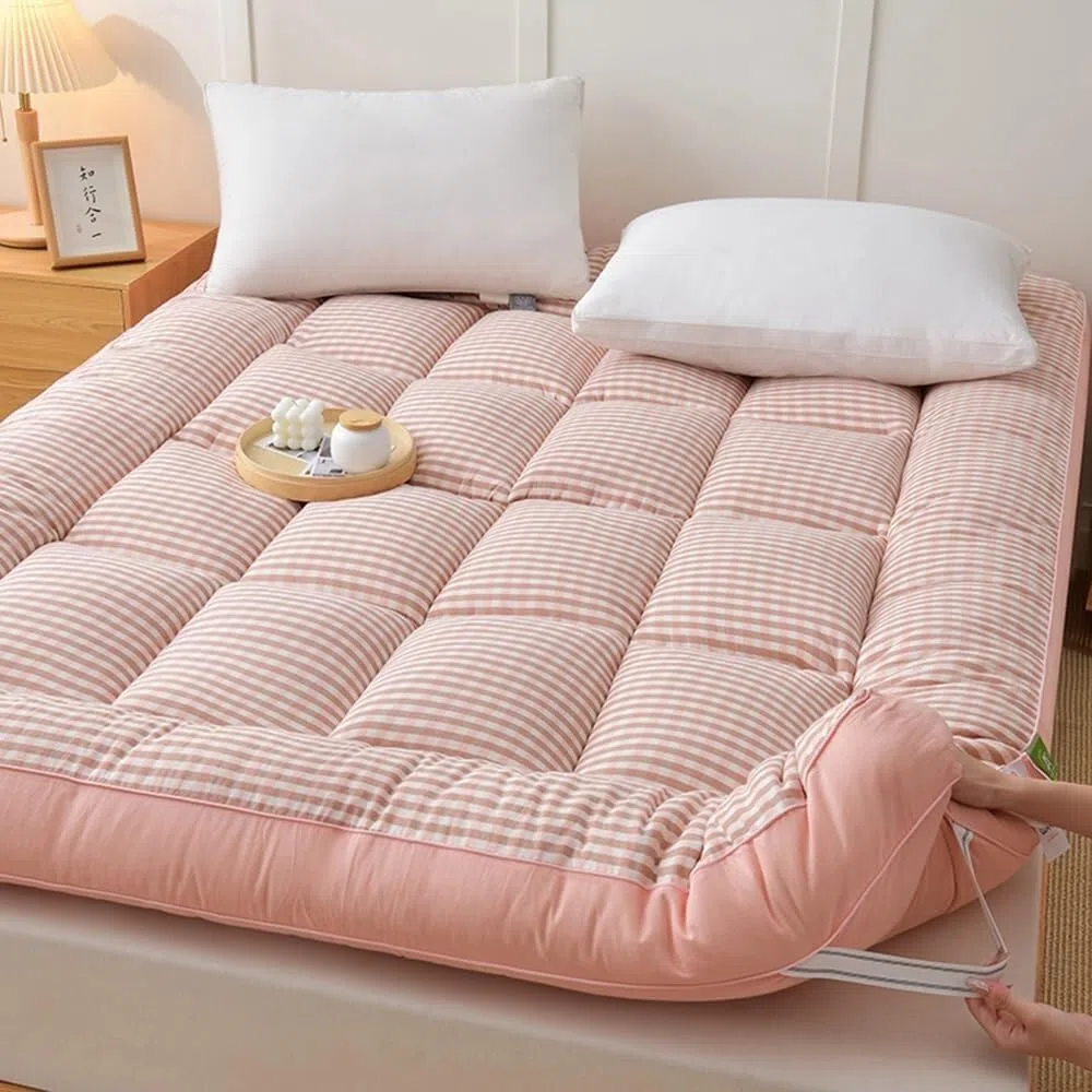 Futón plegable japonés grueso, cómodo, suave, portátil, cama de invitados, camping, transpirable, color rosa, 90 x 200 cm