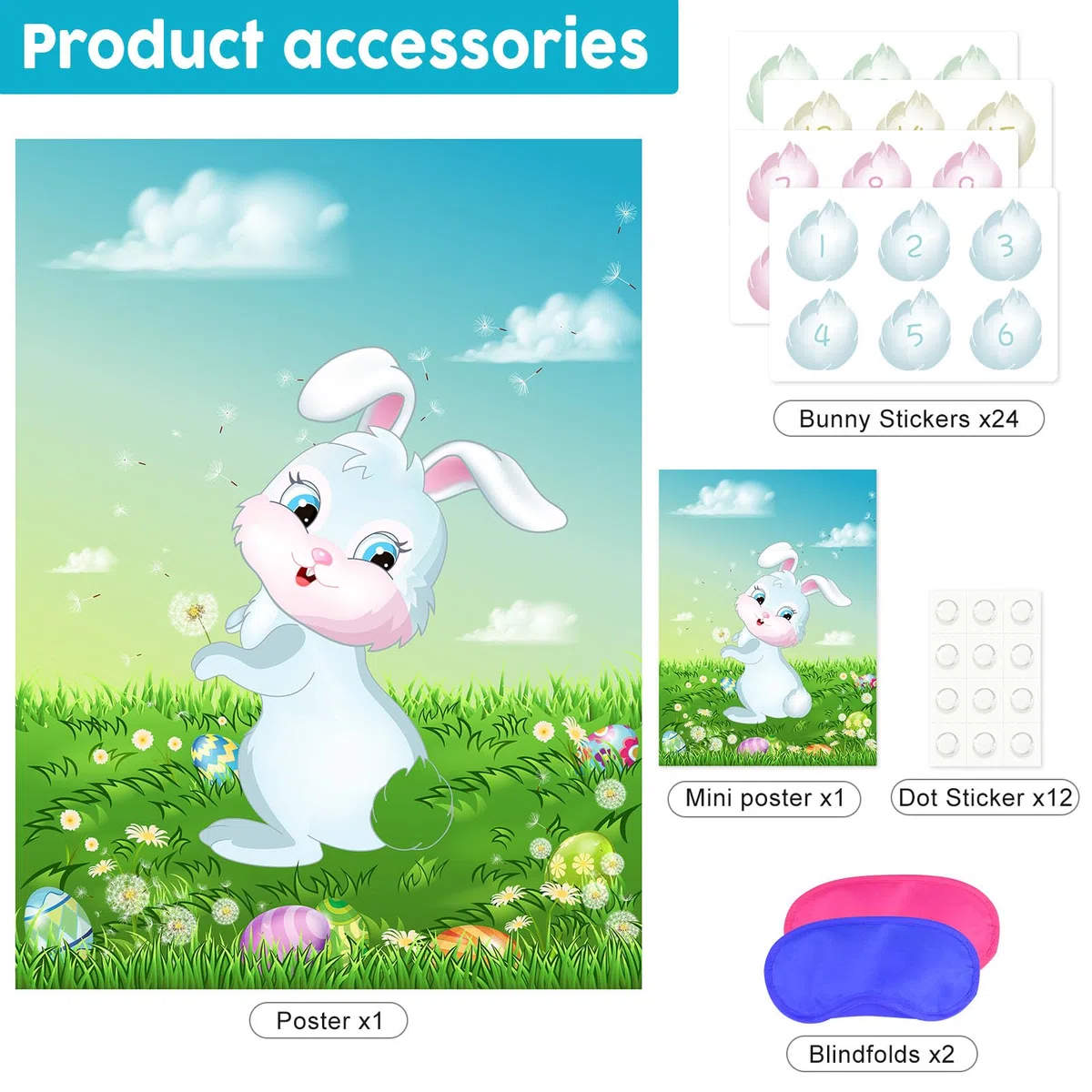 NEBURORA Pin the Tail on The Bunny con 24 colas de conejo, juego de fiesta de Pascua feliz para niños, suministros de decoración de fiesta