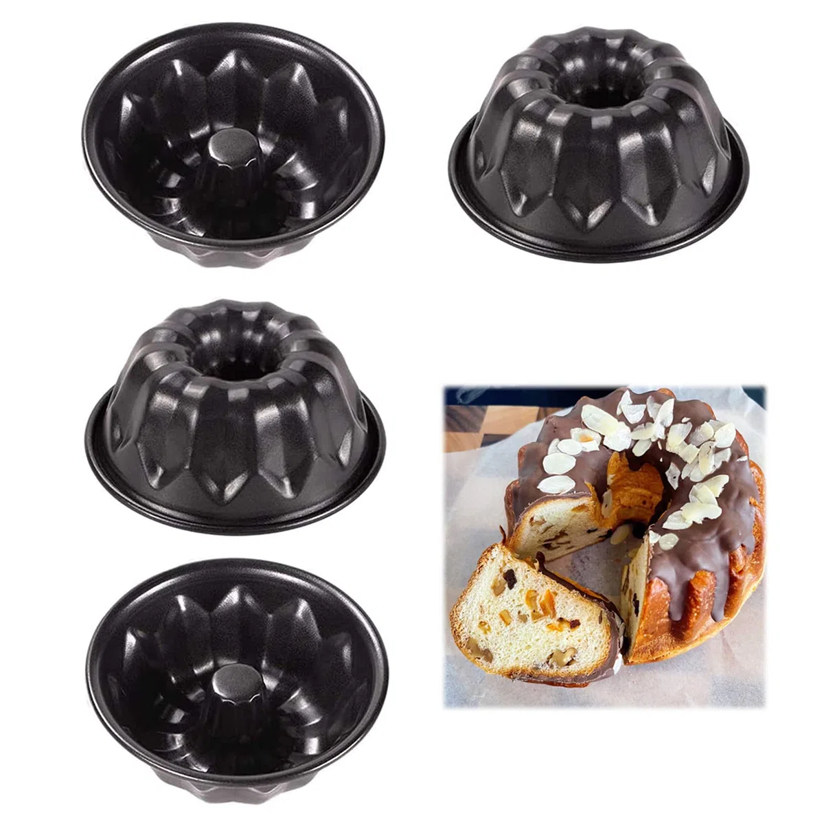 Molde para hornear con forma de anillo estriado de 12 cm Mini Molde de para Hornear Antiadherente, 4 unidades, Accesorio de Repostería & Pastelería, Acero al Carbono