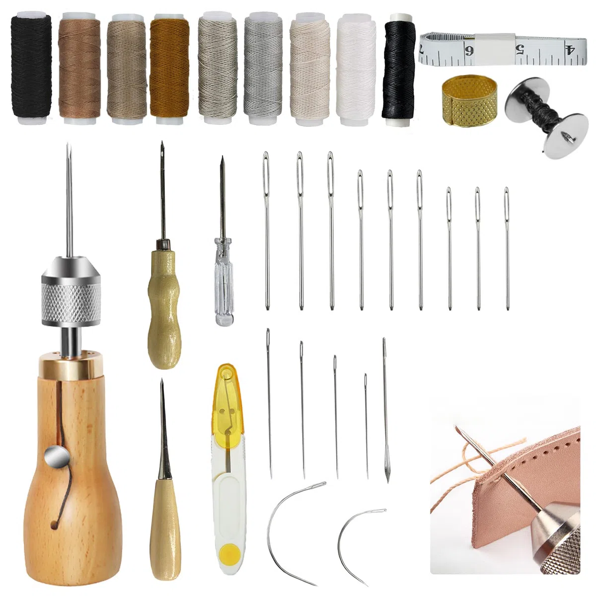 Mocrop Kit Costura de Cuero de 34 Piezas con Agujas de Coser a Mano de 16 piezas, Juego de Costura de Cuero Multifuncional de Bricolaje para Coser Lienzo de Cuero