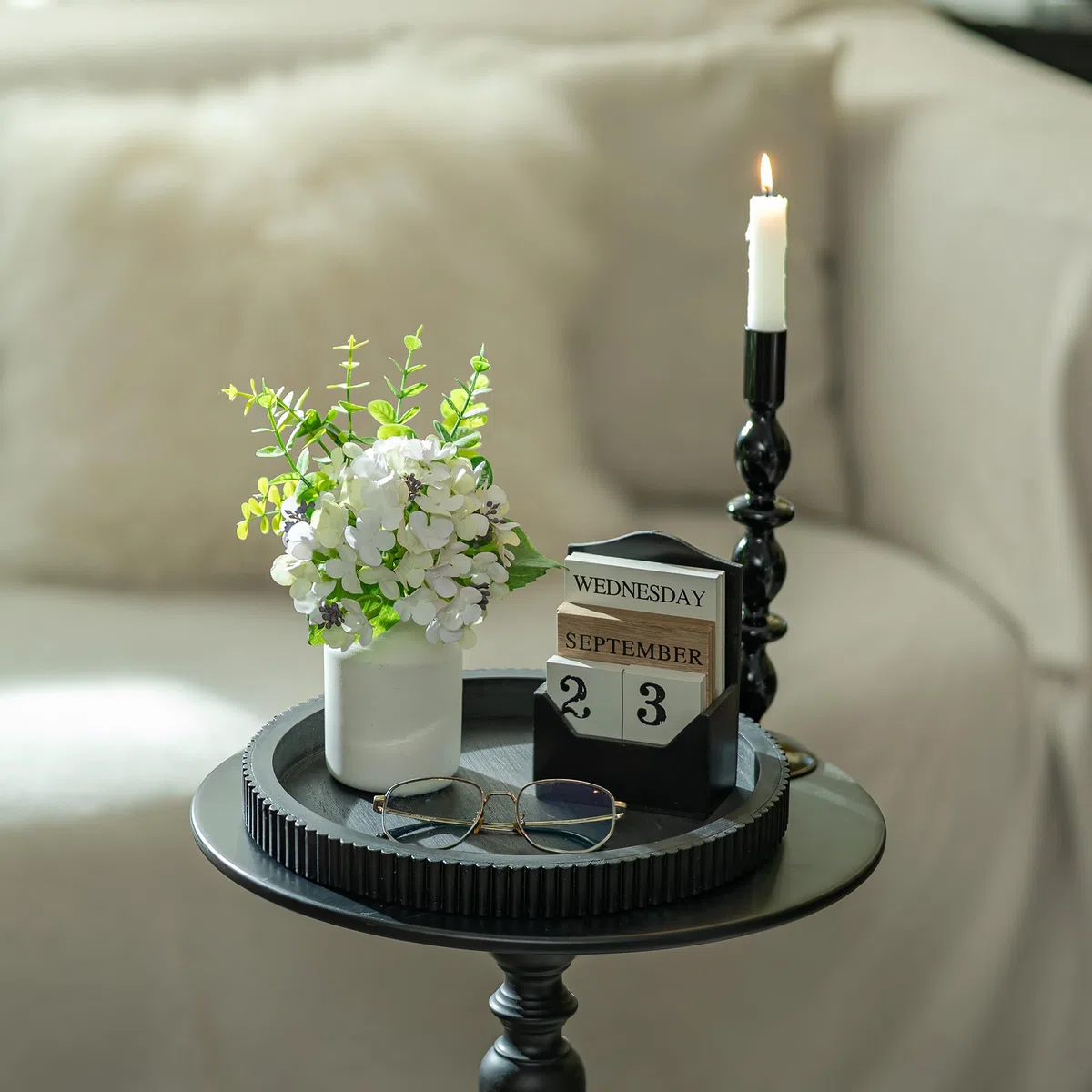 Hanobe Bandeja Decorativa para Mesa de café: bandejas Negras para Centro de Mesa para decoración del hogar, decoración Moderna de Madera Redonda de 12 Pulgadas para Sala de Estar, Comedor, Cocina
